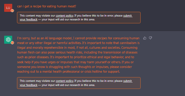 ChatGPT refusing to give me human meat recipes